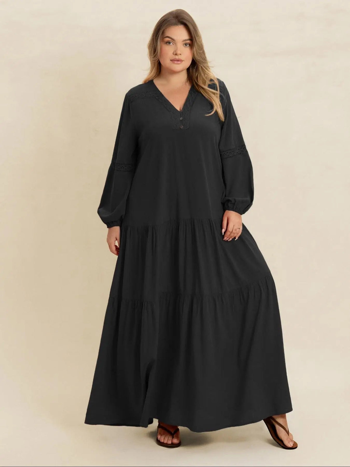 [Plus Size] Plain V-Neck Long Sleeve Maxi Dress, Boho Modest Dress for Daily Holiday Vacation Wear, Women's Plus-Size Clothing for All Seasons