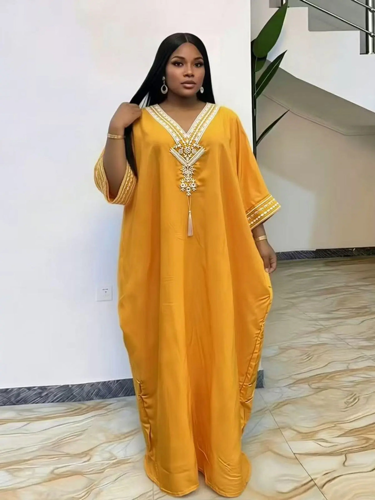 Women's Summer Solid Color Embroidered Fringe Caftan Casual Wear Dress with Pockets and Side Slit