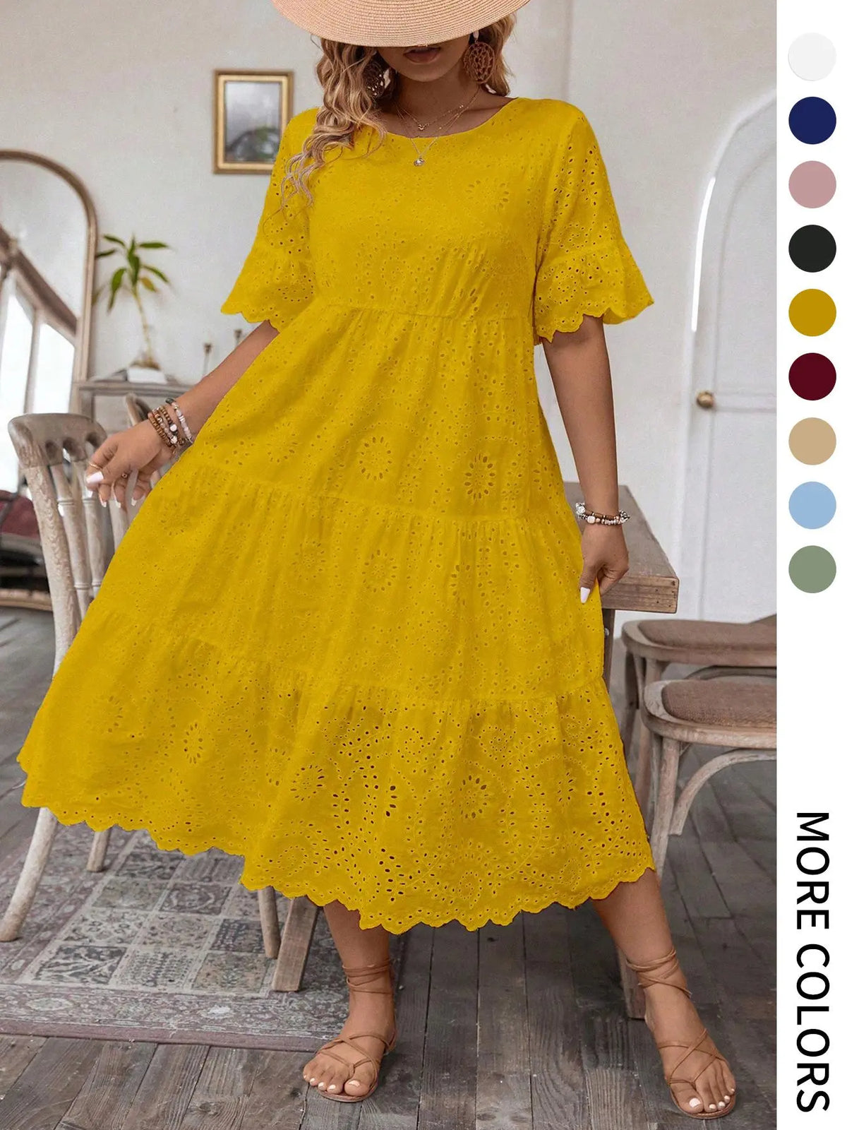 【Plus Size】 Solid Eyelet Embroidery Dress, Boho-Style Round-Neck Dress for Vacation and Everyday Wear – Women's Summer Clothing