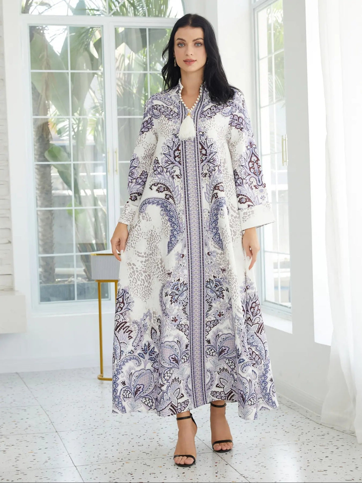 Women's V Neck Long Dress, All-Season Loose Fit A-Line Jalabiya, Soft 75D Stretch Fabric, Elegant Arabic Clothing