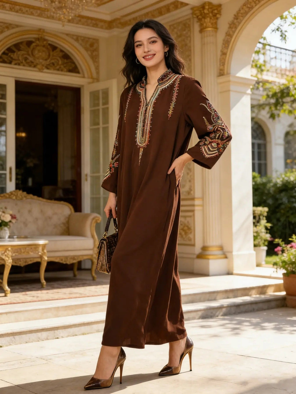 Elegant Muslim Women's Long Robe with Colorful Embroidery, Perfect for All Seasons, Stylish and Comfortable Clothing, Muslim Women Gowns