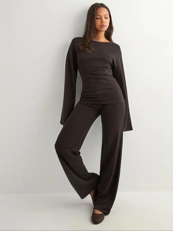 Women's Fall New Round Neck Flare Long Sleeve Top & Elastic Waist Straight Leg Pants Set, Casual Fashion for Daily Wear