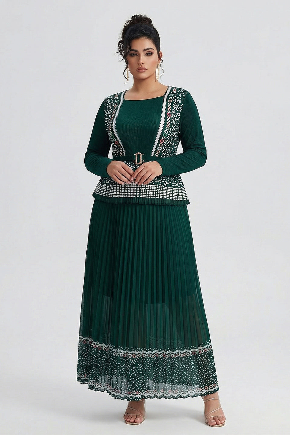 Curveins Plus Size Square Neck Long Sleeve Pleated Waist Maxi Dress
