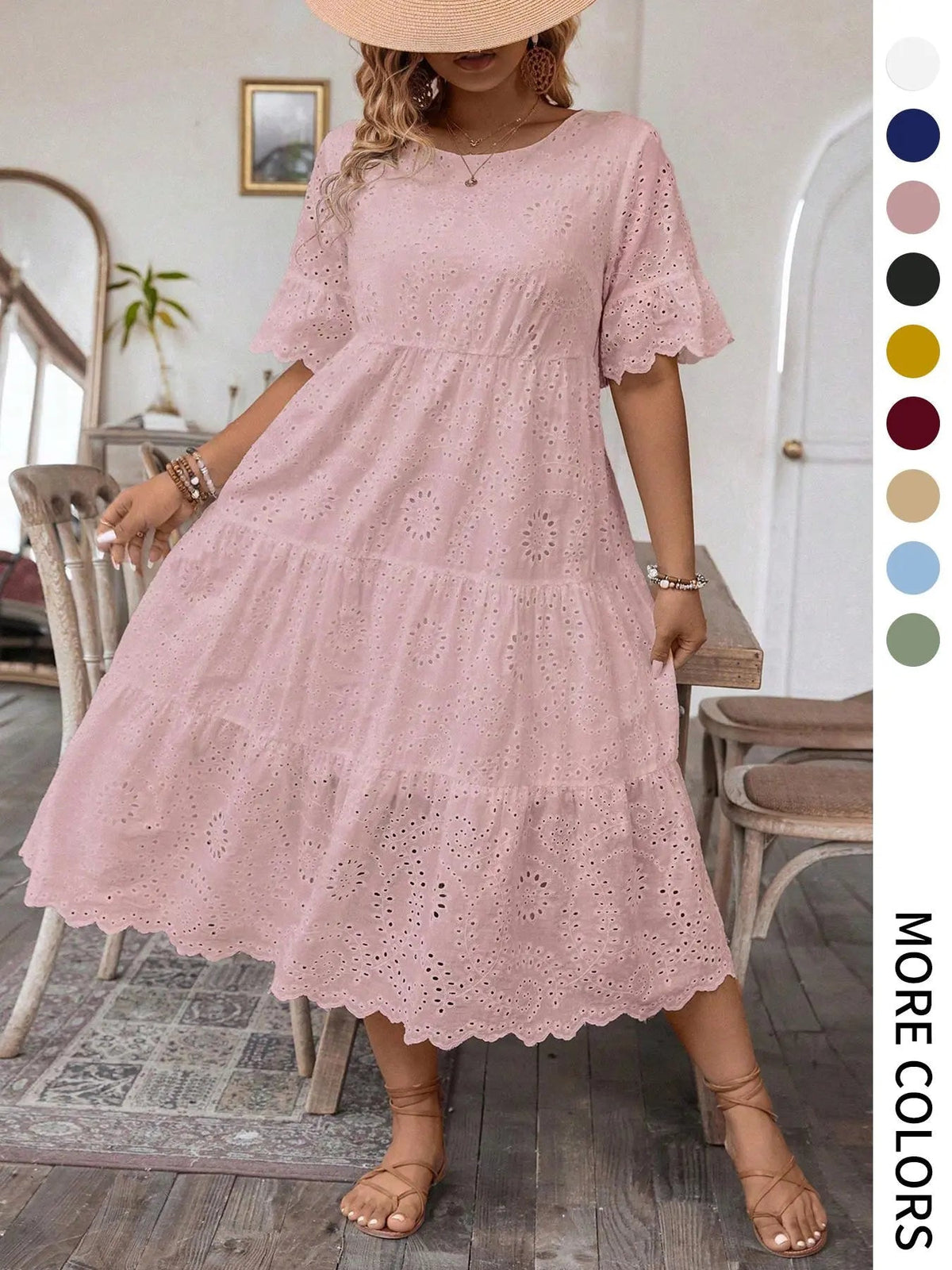 [Plus Size] Solid Eyelet Embroidery Dress, Boho-Style Round-Neck Dress for Vacation and Everyday Wear – Women's Summer Clothing