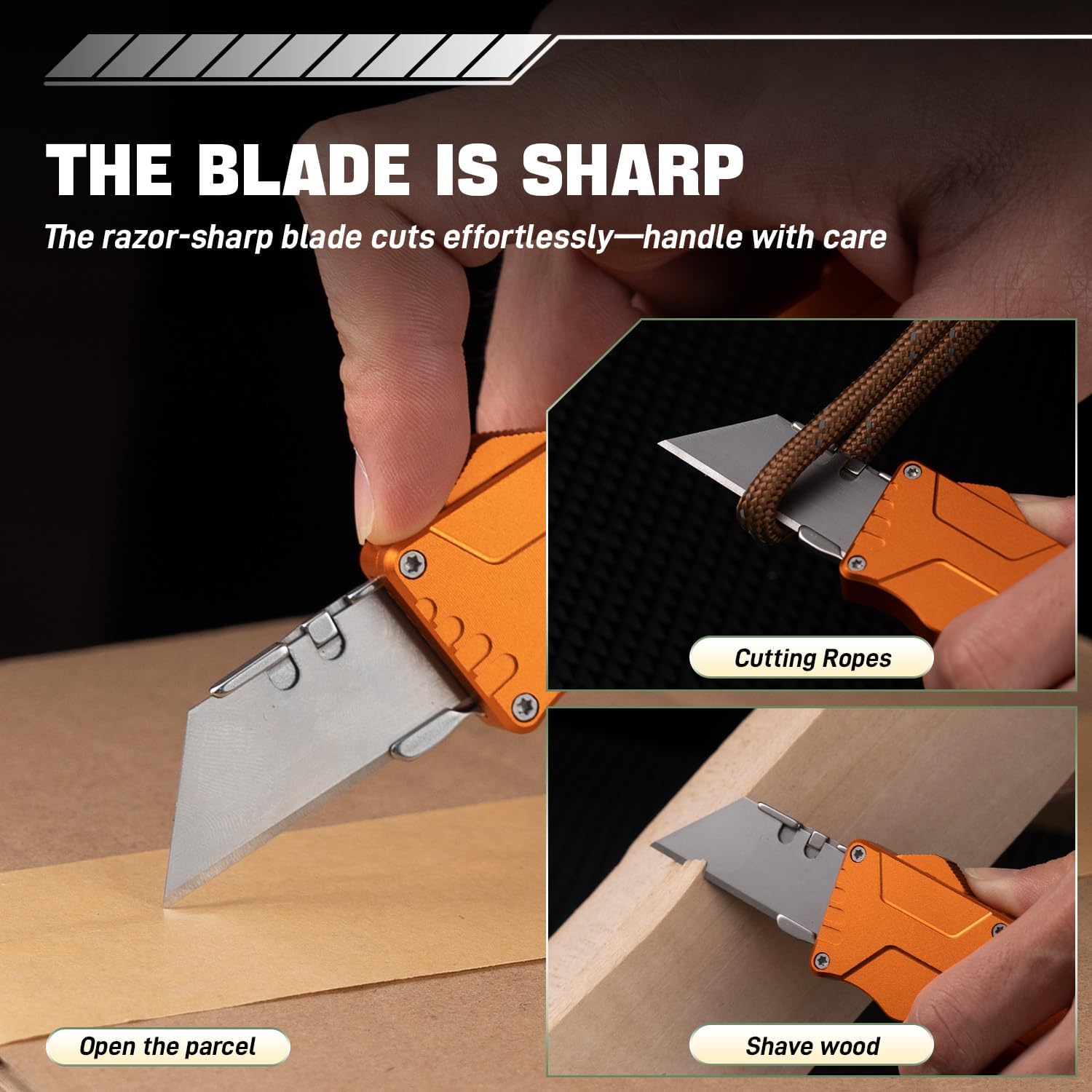 XXOK Automatic utility Knife EDC Auto Box Cutters Retractable Heavy Duty Cardboard Cutter Replaceable Blade Pocket Knife With Clip With 20pcs Spare Blades Orange