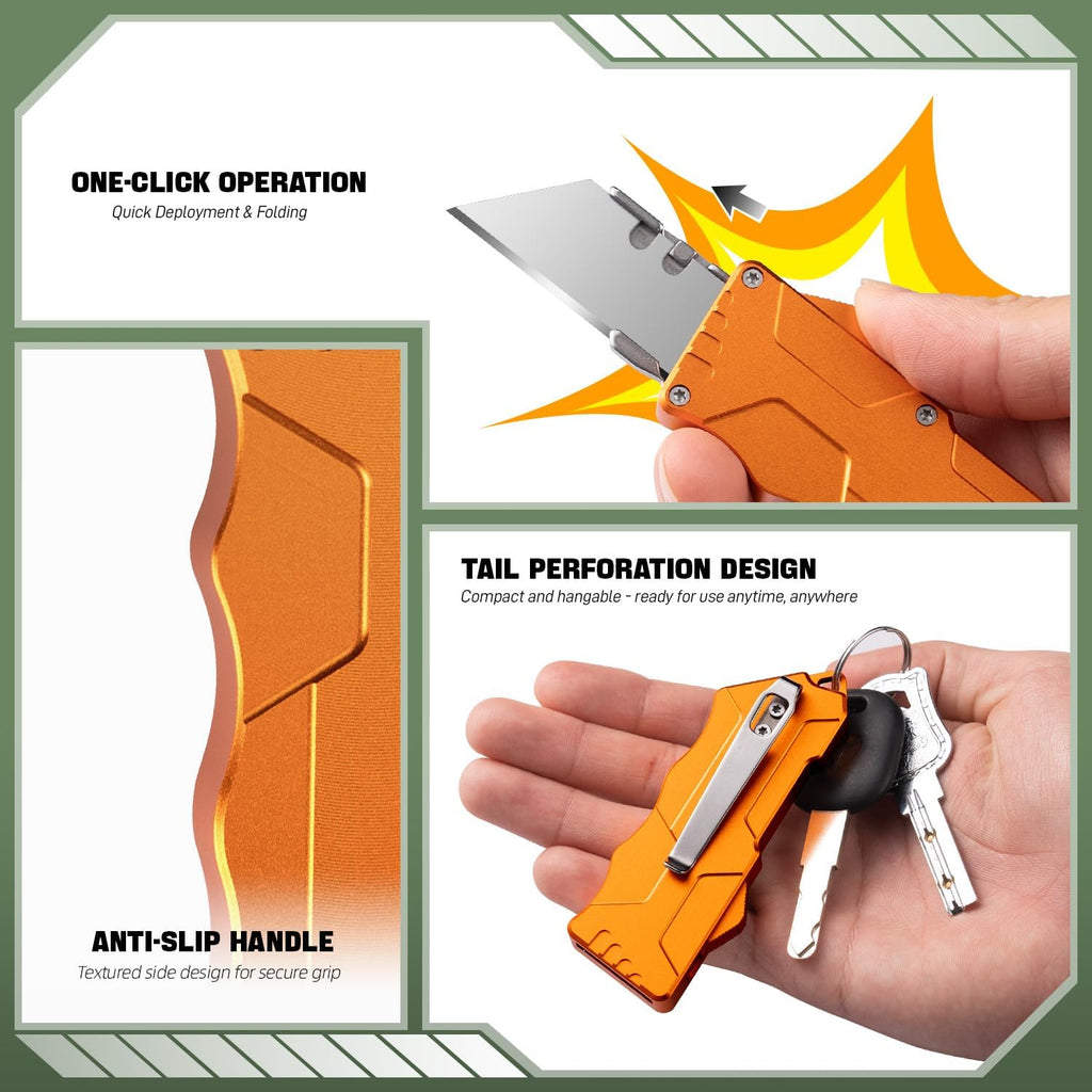 XXOK Automatic utility Knife EDC Auto Box Cutters Retractable Heavy Duty Cardboard Cutter Replaceable Blade Pocket Knife With Clip With 20pcs Spare Blades Orange