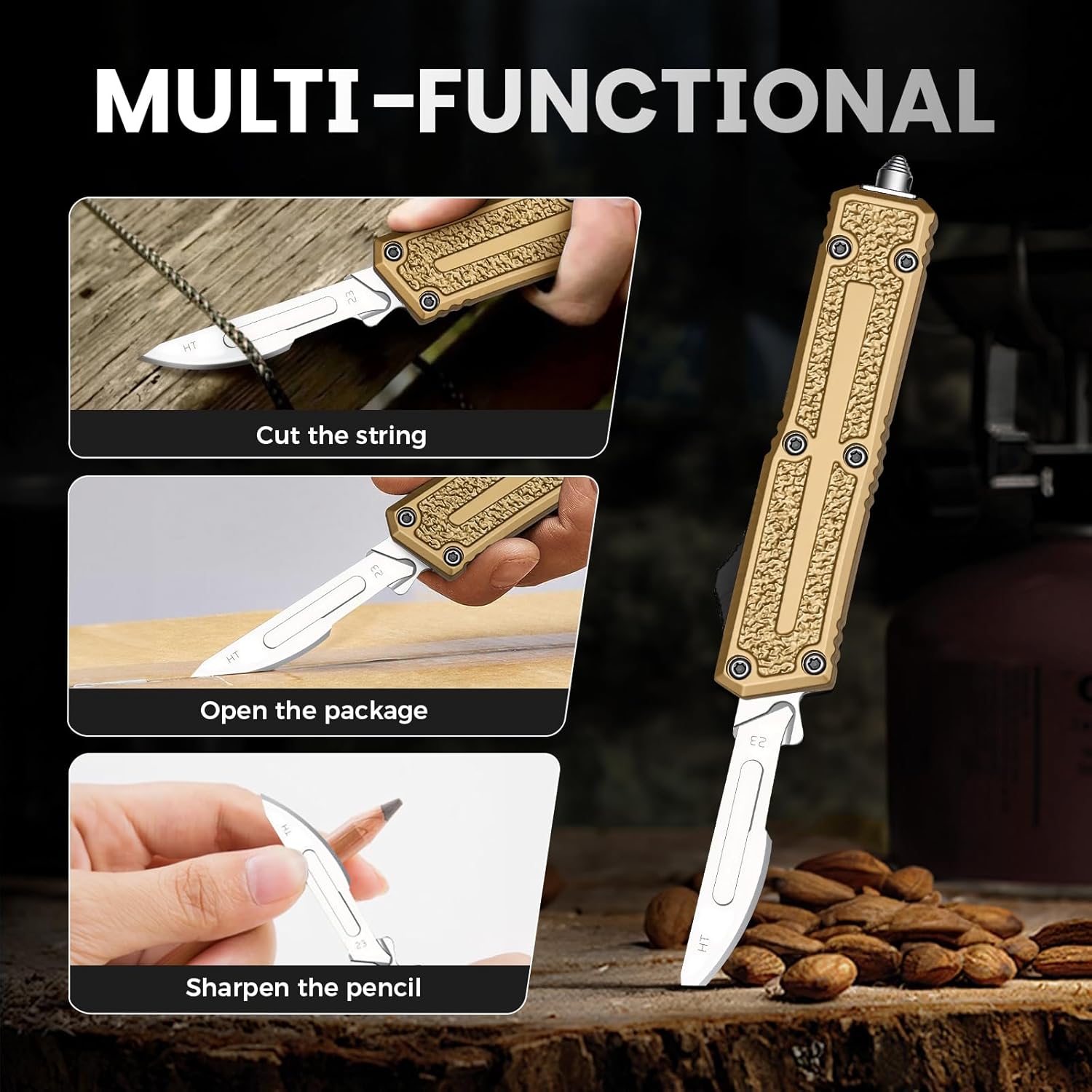 Utility Knife, All-Metal Manual Box Cutter with Quick-Change Stainless Steel Blade,Folding Cutting Tool Set with 10pcs #23 Replacement Blades,GOLD