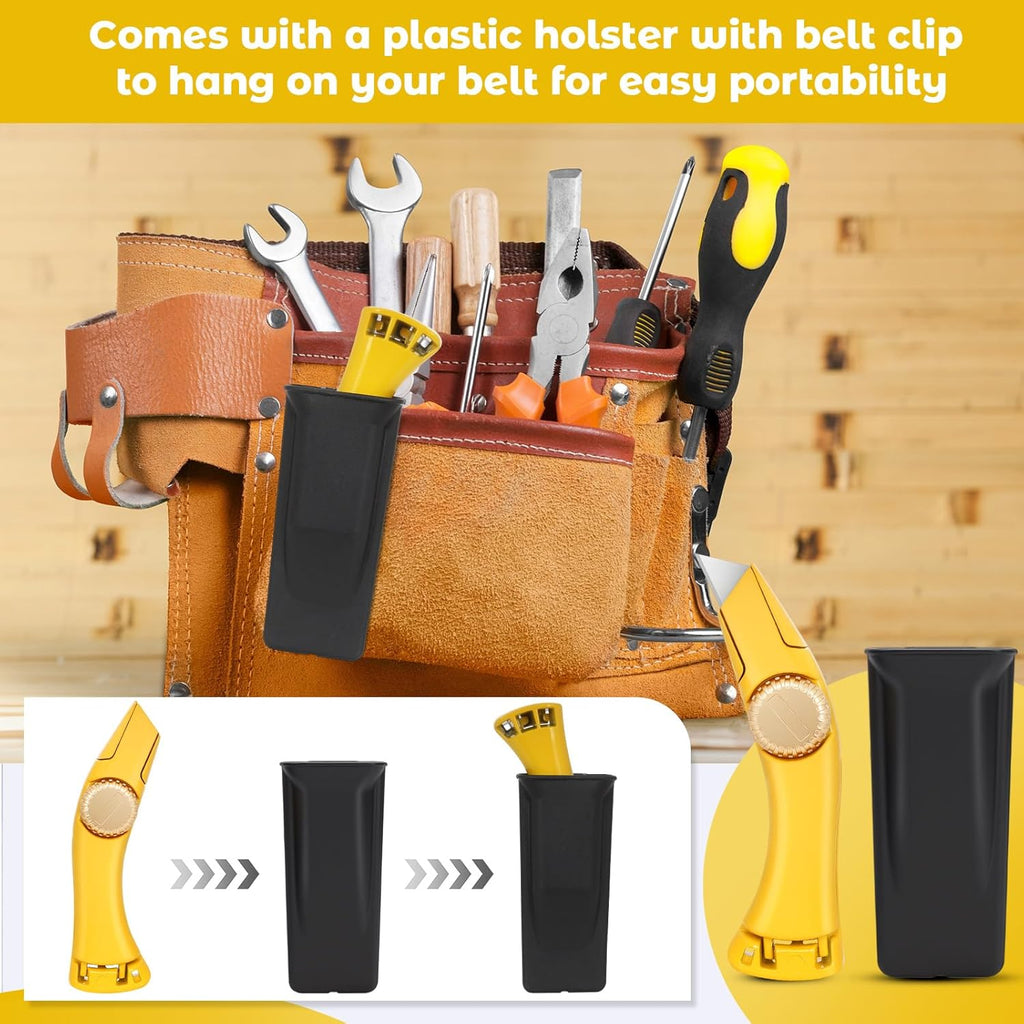 2-Pack Heavy Duty Roofing Knife Fixed Blade - Safety Yellow Utility Knife with Holster & Hook Blades - High-Vis Aluminum Carpet, Drywall & Shingle Cutter Tool with Thumb Wheel