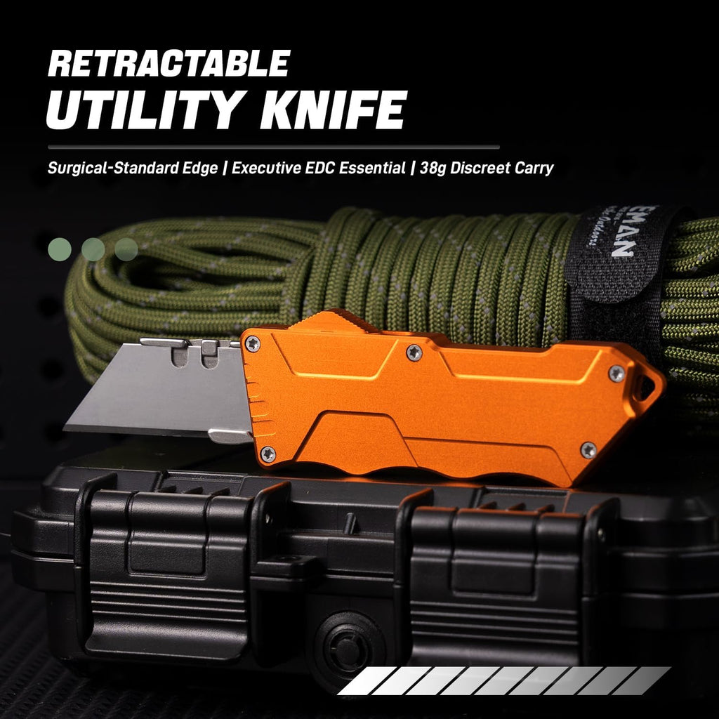 XXOK Automatic utility Knife EDC Auto Box Cutters Retractable Heavy Duty Cardboard Cutter Replaceable Blade Pocket Knife With Clip With 20pcs Spare Blades Orange