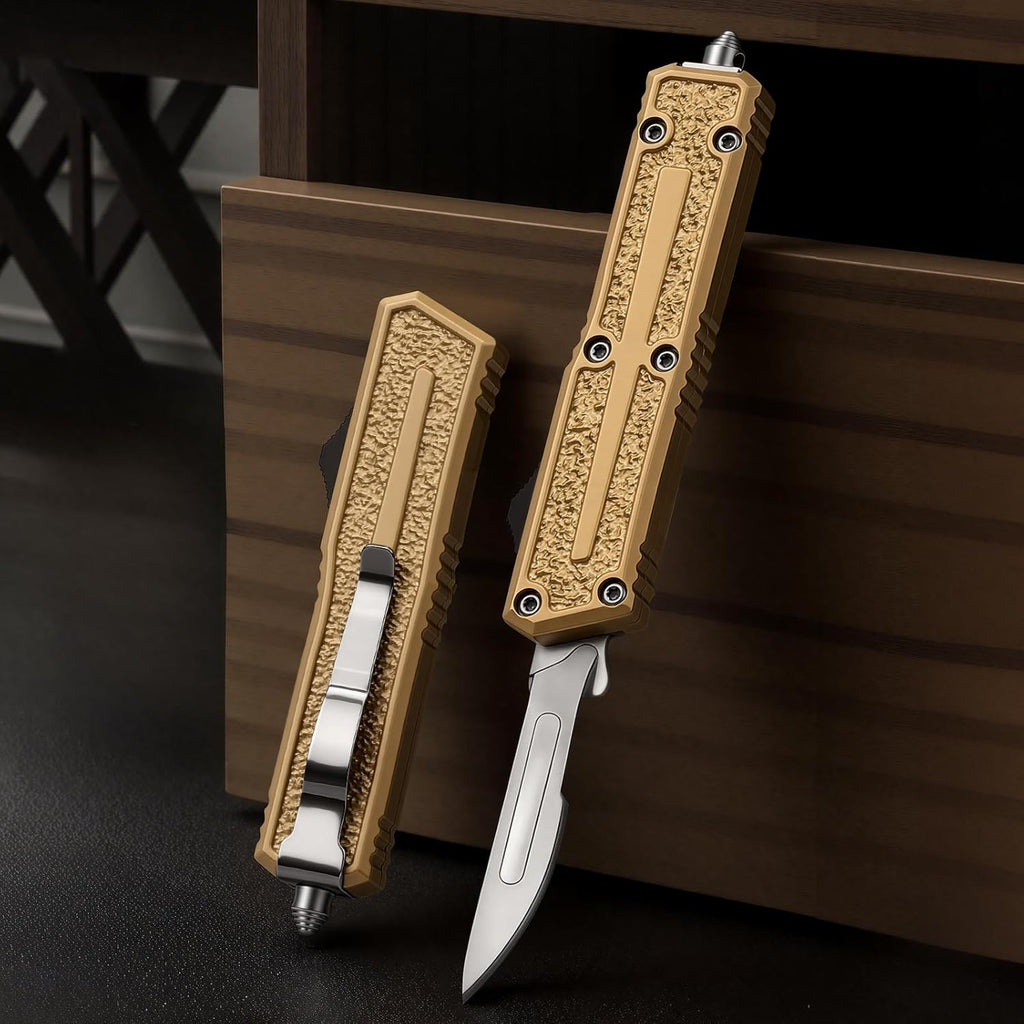 Utility Knife, All-Metal Manual Box Cutter with Quick-Change Stainless Steel Blade,Folding Cutting Tool Set with 10pcs #23 Replacement Blades,GOLD