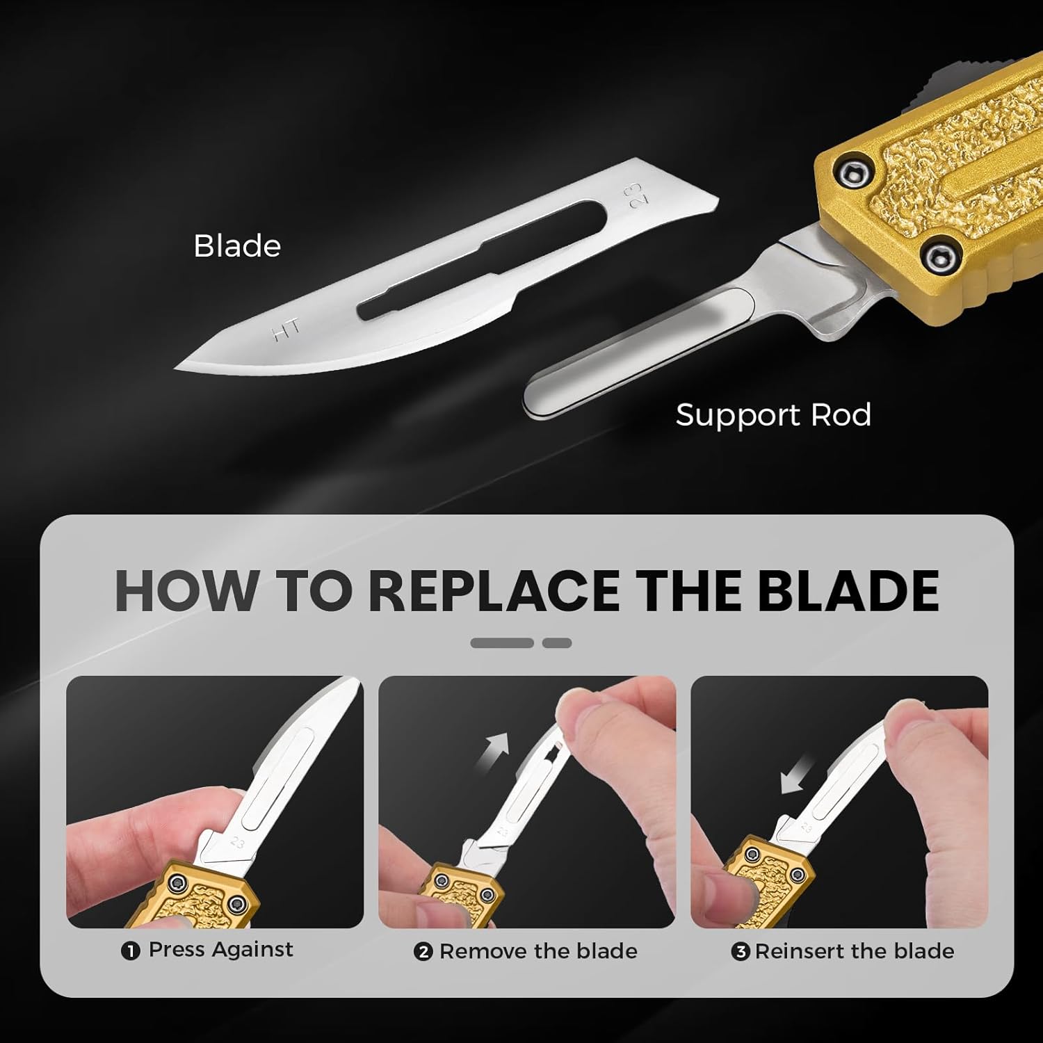 Utility Knife, All-Metal Manual Box Cutter with Quick-Change Stainless Steel Blade,Folding Cutting Tool Set with 10pcs #23 Replacement Blades,GOLD