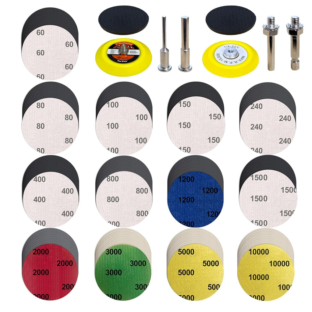 138Pcs 3 Inch Wet Dry Sanding Discs, Assorted 60 to 10000 Grit Silicon Carbide Hook & Loop Sandpaper with 1/4" Shank Sanding Pads and Foam Buffering Pad for Wood Metal Car Polishing & Finishing