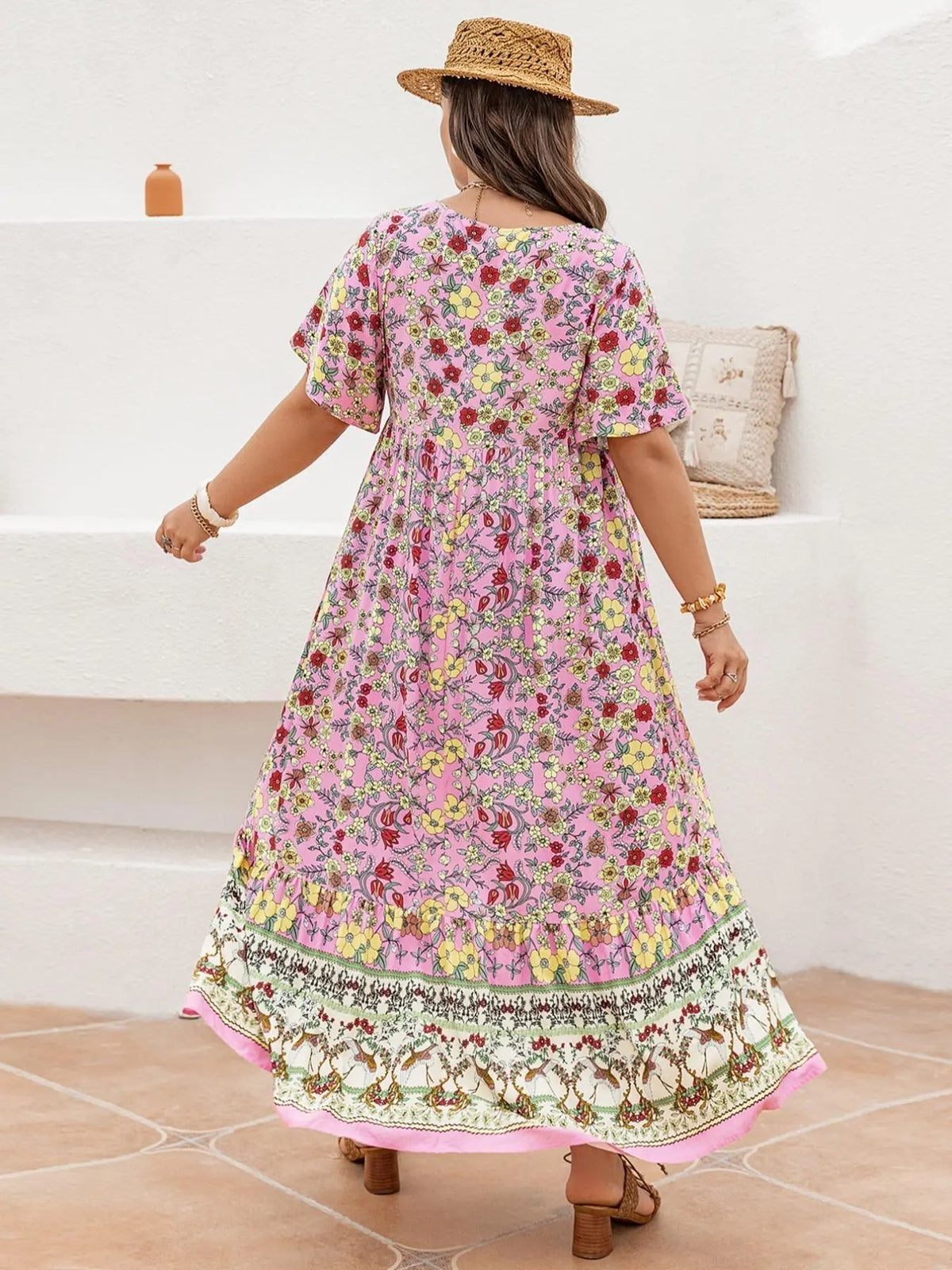 Plus Size Patchwork Floral Print Tie Neck Contrast Lace Ruffle Hem Long Dress, Boho Butterfly Sleeve Smock Dress, Ladies Summer Clothes for Vacation