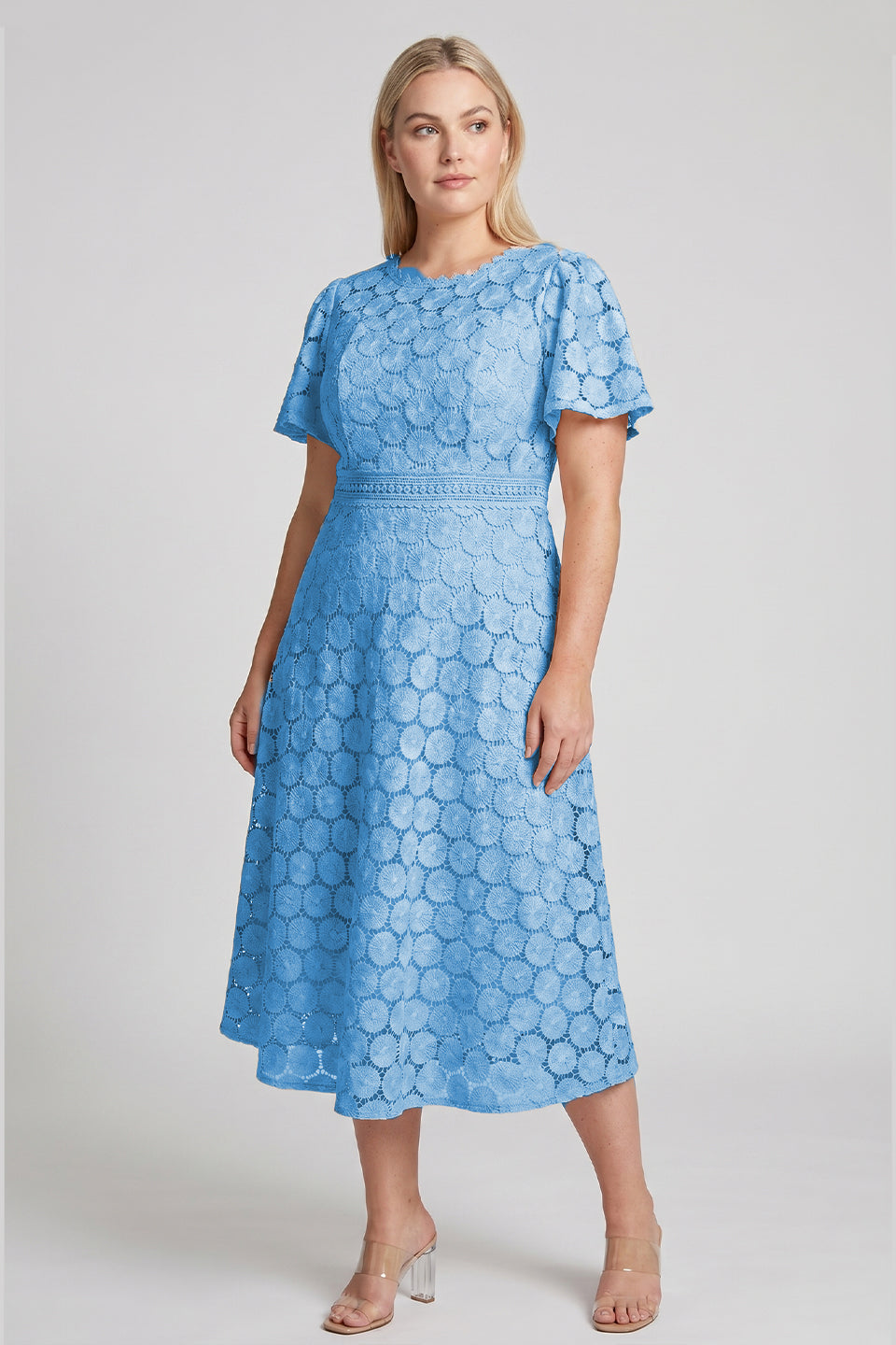 Curveins Plus Size Lace Hollow Detail Round Neck Short Sleeve Waist Defining Midi Dress