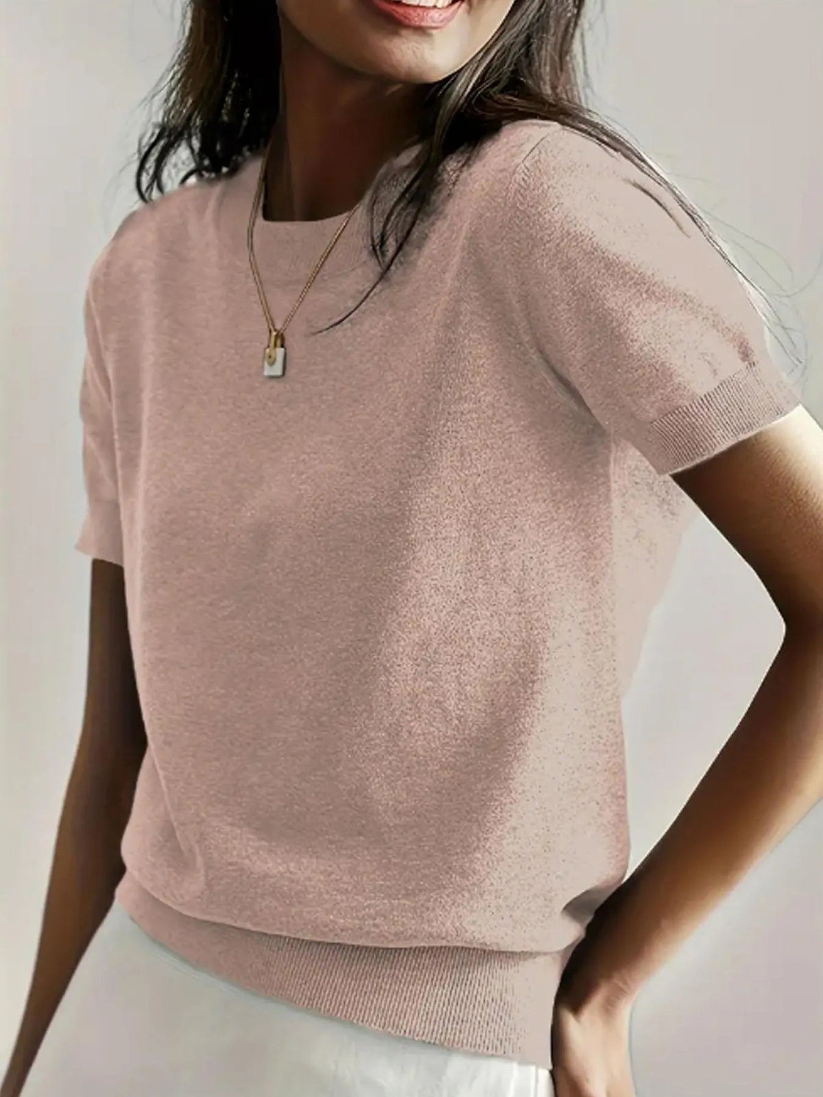 Women's Solid Color Crew Neck Short Sleeve Sweater, Casual Basic Knit Pullover for Spring & Fall, Fashion Women's Knitwear for Daily Wear, Womenswear