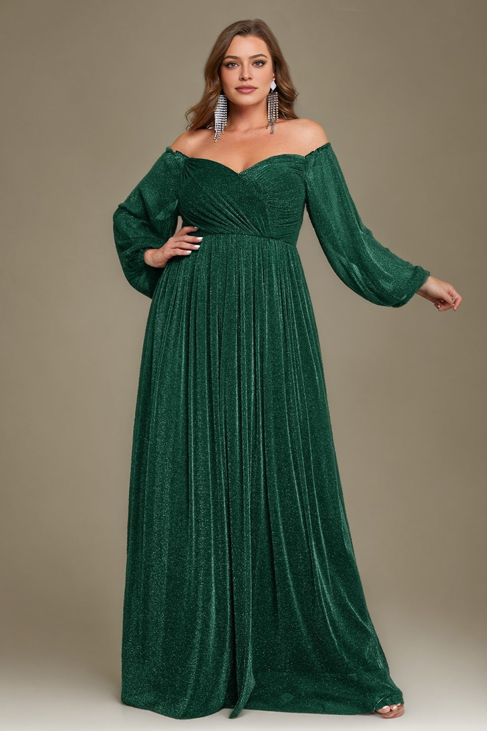 Curveins Plus Size Elegant Off-Shoulder Long Sleeve Minimal Maxi Dress