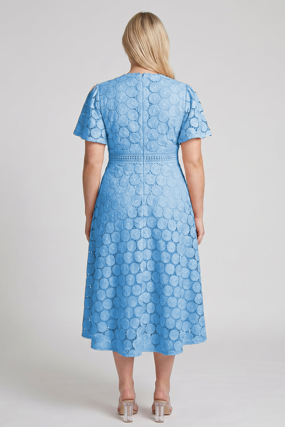 Curveins Plus Size Lace Hollow Detail Round Neck Short Sleeve Waist Defining Midi Dress