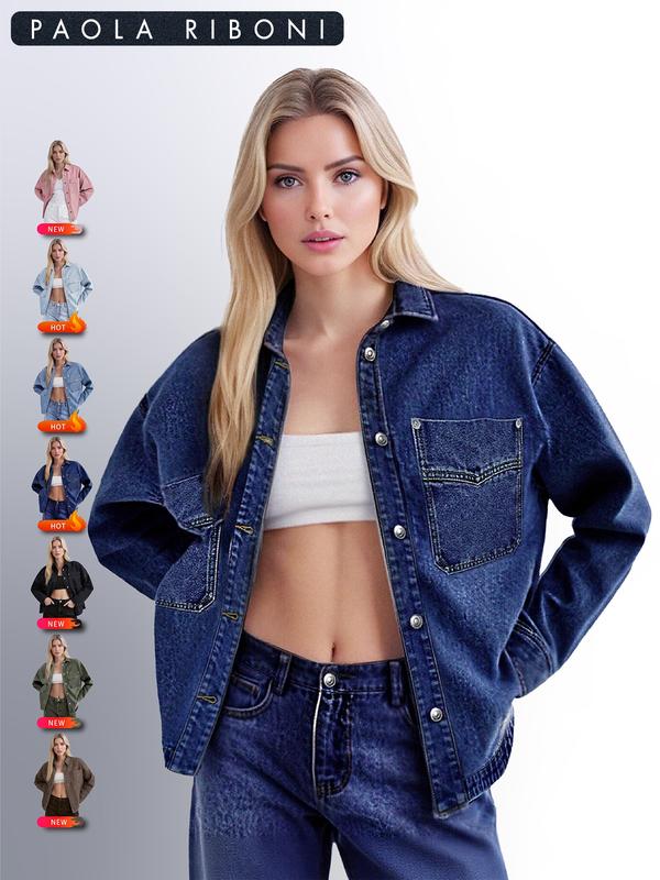 Women's Plain Button Front Drop Shoulder Curved Hem Denim Jacket, Casual Long Sleeve Pocket Design Collar Outerwear for Daily Wear, Ladies Clothes for All Seasons