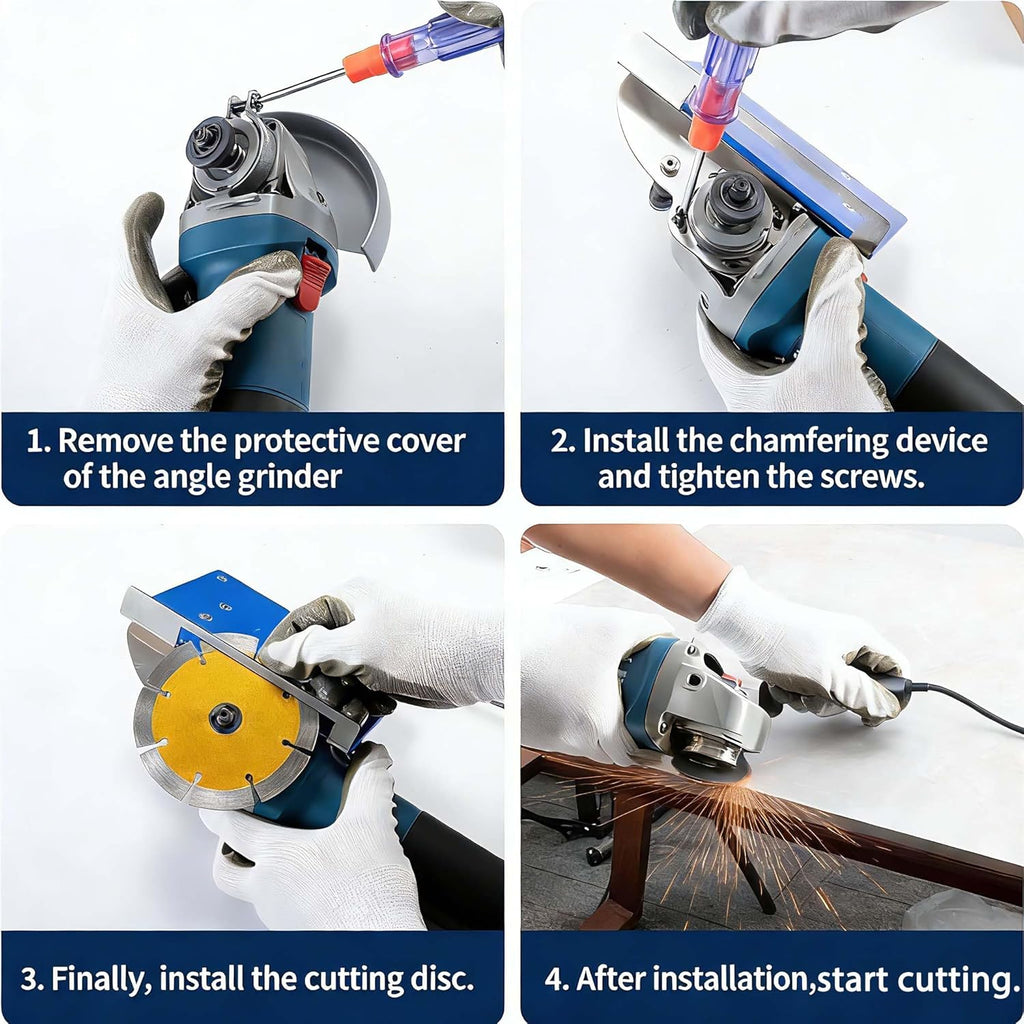 45 Degree Tile Chamfering Tool for 100-Type Angle Grinders, Universal Stand with 5 Diamond Saw Blades, Gloves, 39 Inch Hose, Screwdriver, Adapter Washers