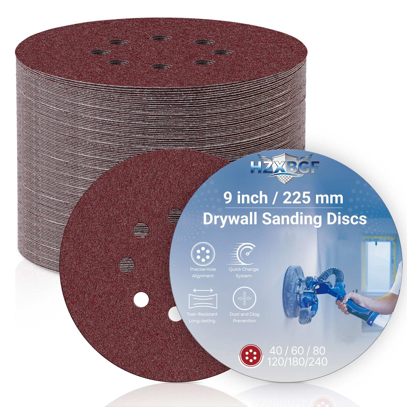 9 Inch 8 Hole Sanding Discs for Drywall Sander, 60 PCS Hook and Loop Sandpaper Round Sanding Sheets 60/80/120/180/220/320 Grits for Wall, Wood, and Popcorn Ceiling