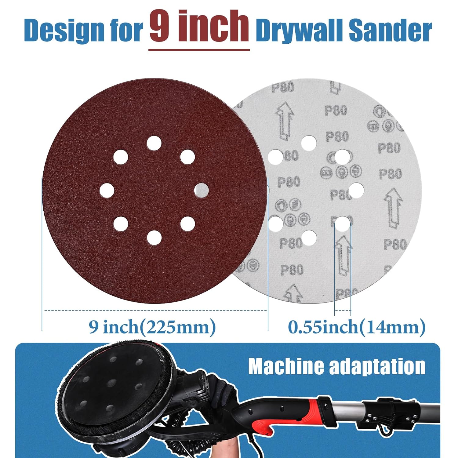9 Inch 8 Hole Sanding Discs for Drywall Sander, 60 PCS Hook and Loop Sandpaper Round Sanding Sheets 60/80/120/180/220/320 Grits for Wall, Wood, and Popcorn Ceiling