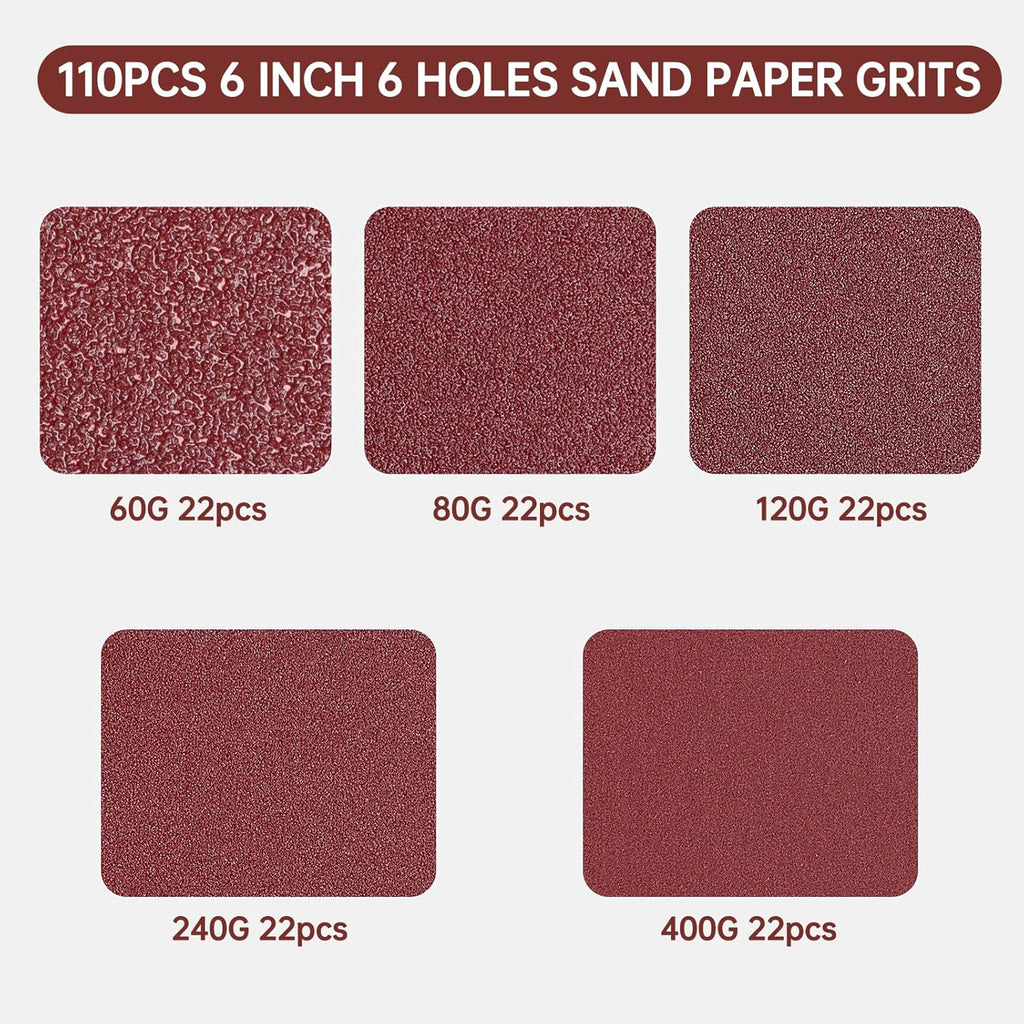 110 PCS 6 Inch 6-Hole Sanding Discs, Round Hook and Loop, Sandpaper for Random Orbital Sander 60 80 120 240 400 Grits, Sand Paper Assortment Pack