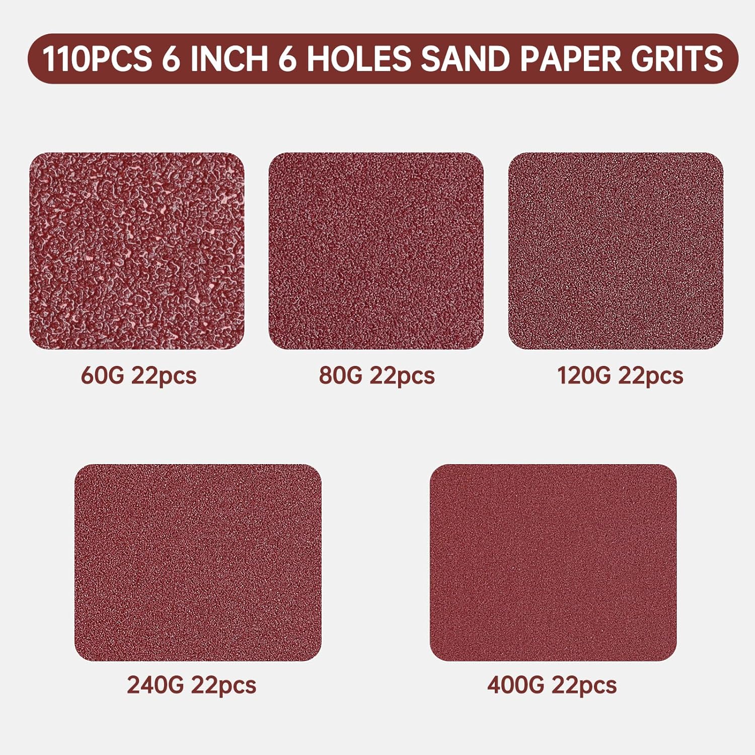 110 PCS 6 Inch 6-Hole Sanding Discs, Round Hook and Loop, Sandpaper for Random Orbital Sander 60 80 120 240 400 Grits, Sand Paper Assortment Pack