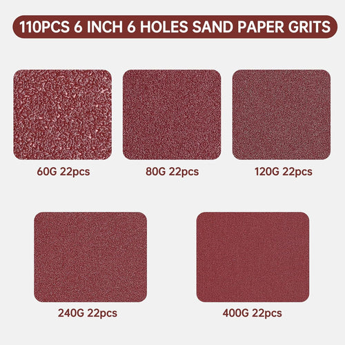 110 PCS 6 Inch 6-Hole Sanding Discs, Round Hook and Loop, Sandpaper for Random Orbital Sander 60 80 120 240 400 Grits, Sand Paper Assortment Pack