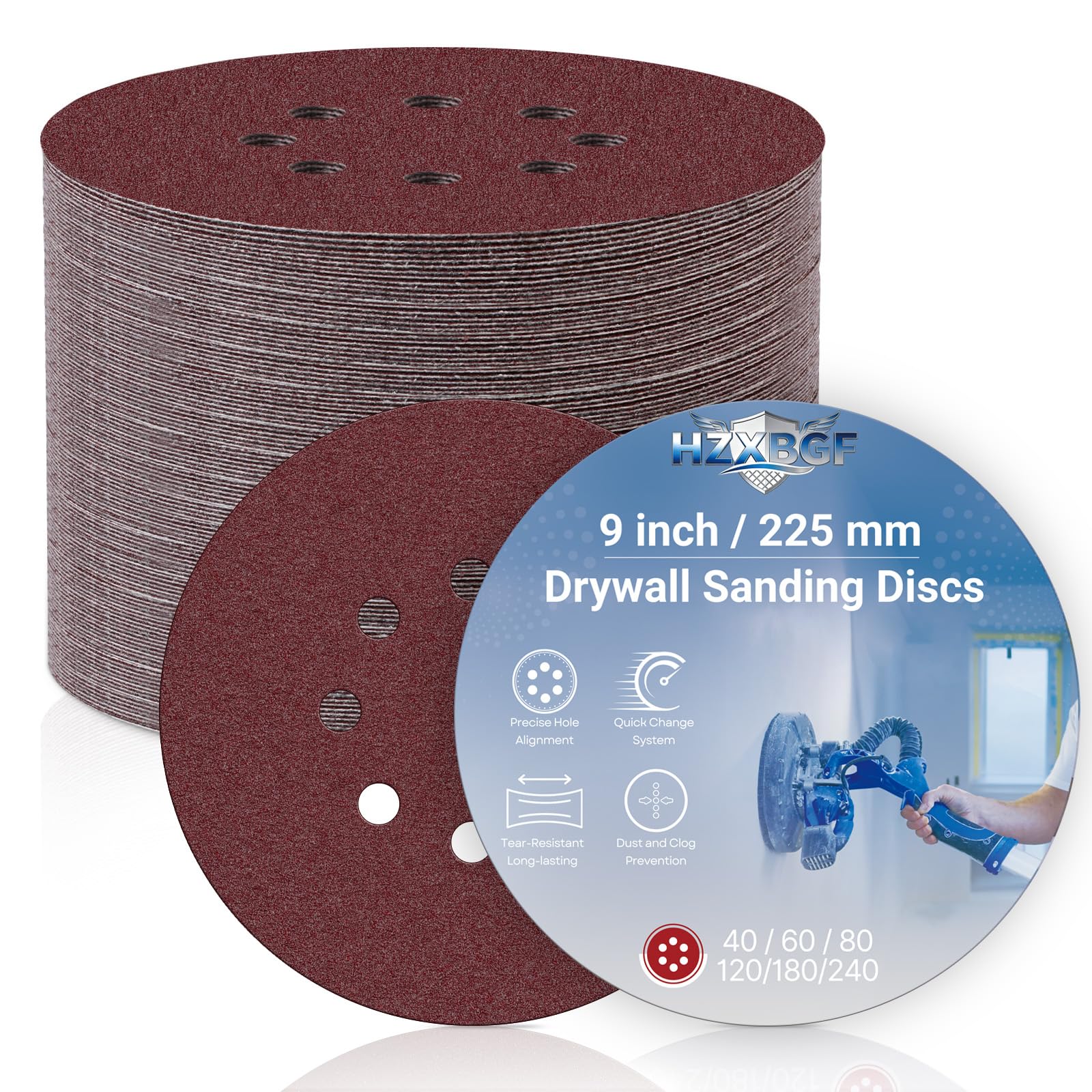 9 Inch 8 Hole Sanding Discs for Drywall Sander, 60 PCS Hook and Loop Sandpaper Round Sanding Sheets 60/80/120/180/220/320 Grits for Wall, Wood, and Popcorn Ceiling
