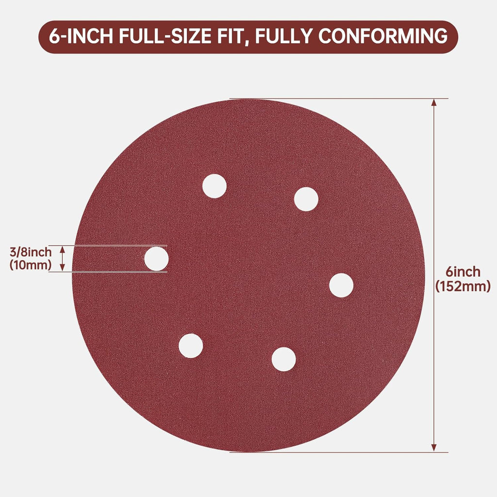 110 PCS 6 Inch 6-Hole Sanding Discs, Round Hook and Loop, Sandpaper for Random Orbital Sander 60 80 120 240 400 Grits, Sand Paper Assortment Pack