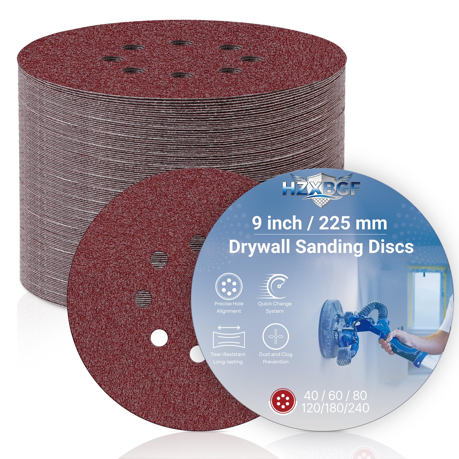 9 Inch 8 Hole Sanding Discs for Drywall Sander, 60 PCS Hook and Loop Sandpaper Round Sanding Sheets 60/80/120/180/220/320 Grits for Wall, Wood, and Popcorn Ceiling