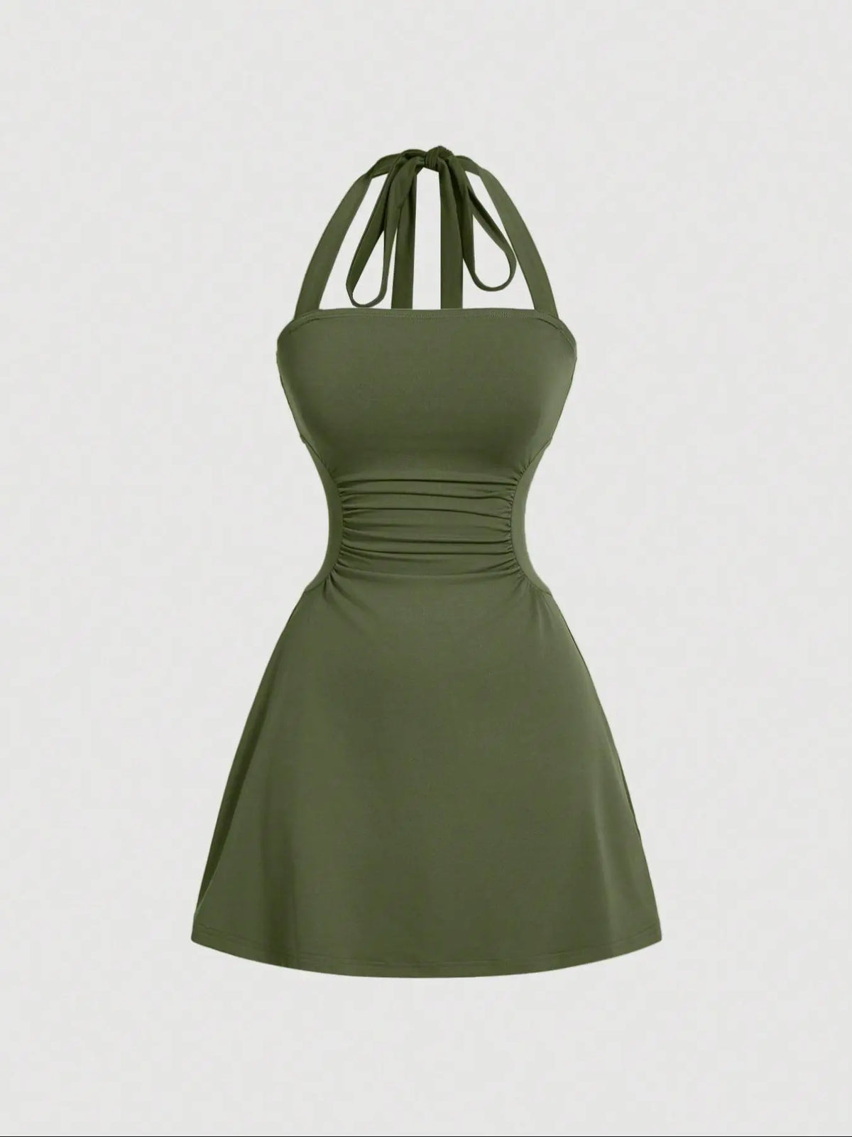 Women's Plain Ruched Tie Back Halter Neck Dress