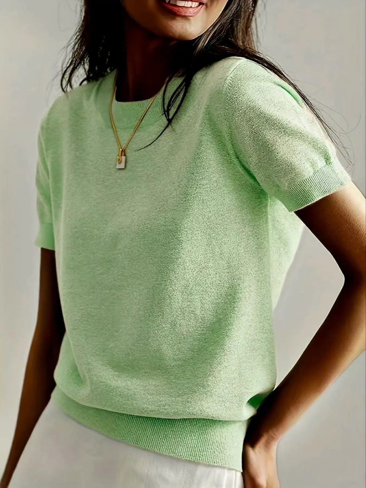 Women's Solid Color Crew Neck Short Sleeve Sweater, Casual Basic Knit Pullover for Spring & Fall, Fashion Women's Knitwear for Daily Wear, Womenswear