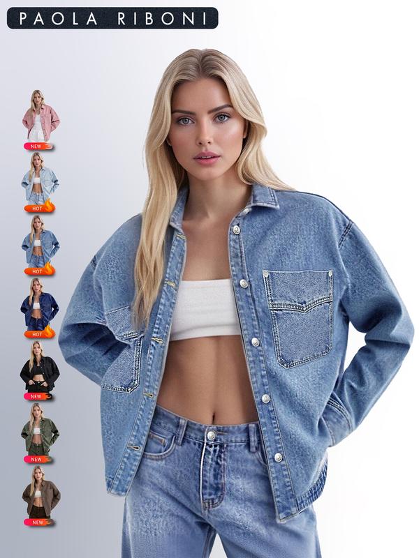 Women's Plain Button Front Drop Shoulder Curved Hem Denim Jacket, Casual Long Sleeve Pocket Design Collar Outerwear for Daily Wear, Ladies Clothes for All Seasons