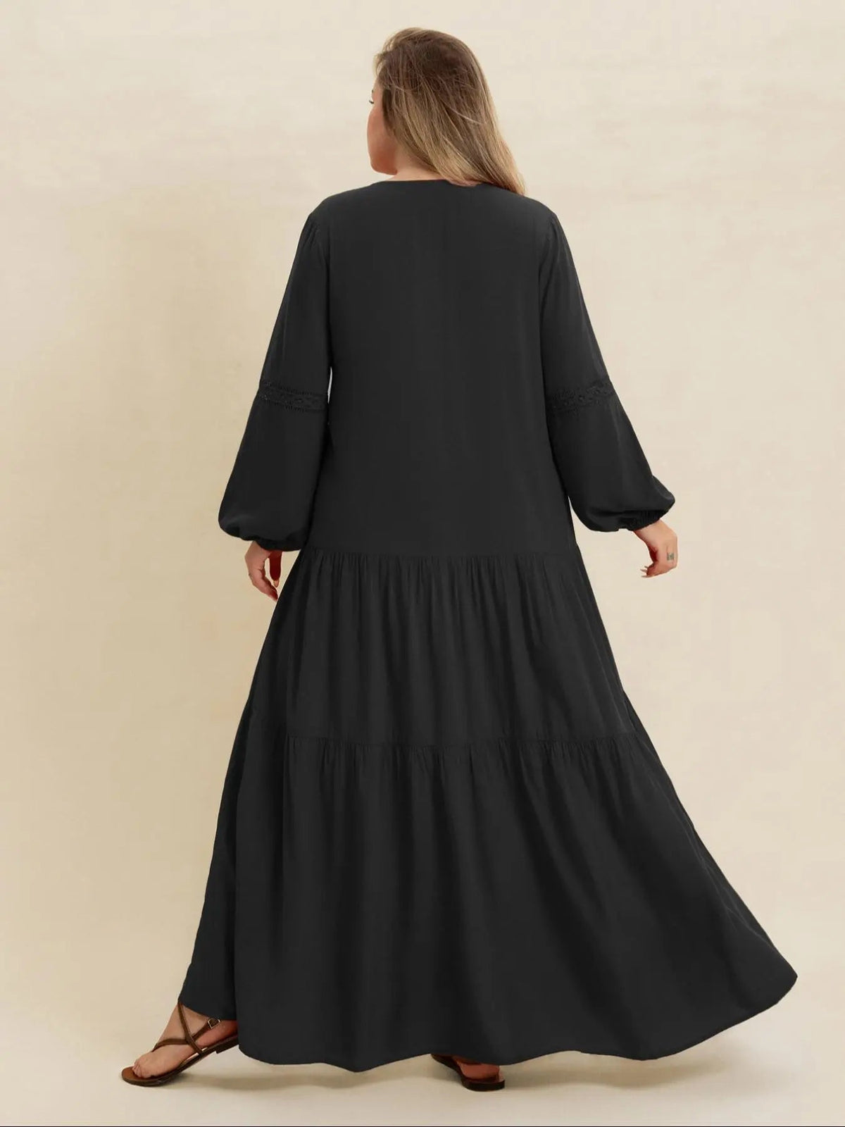 [Plus Size] Plain V-Neck Long Sleeve Maxi Dress, Boho Modest Dress for Daily Holiday Vacation Wear, Women's Plus-Size Clothing for All Seasons