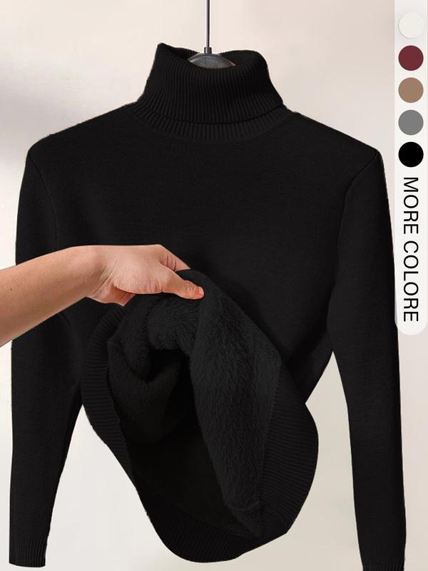Women's Solid Thermal Lined Drop Shoulder High Neck Sweater, Casual Solid Long Sleeve Jumper For Daily Outdoor Wear, Women Knit Top for Fall & Winter
