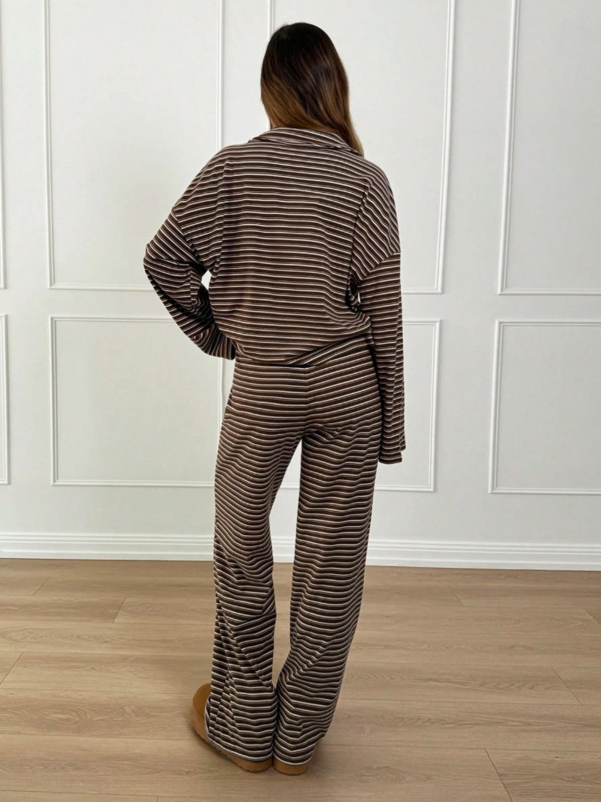 Women's 2pcs Set Loose Striped V-Neck Drop Shoulder Long Sleeve T-Shirt &Elastic Waist Striped Pants