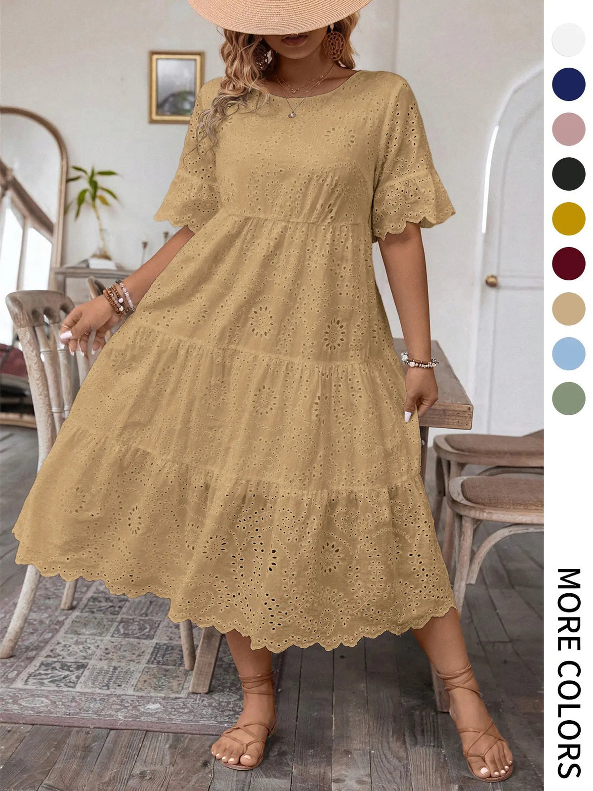 【Plus Size】 Solid Eyelet Embroidery Dress, Boho-Style Round-Neck Dress for Vacation and Everyday Wear – Women's Summer Clothing