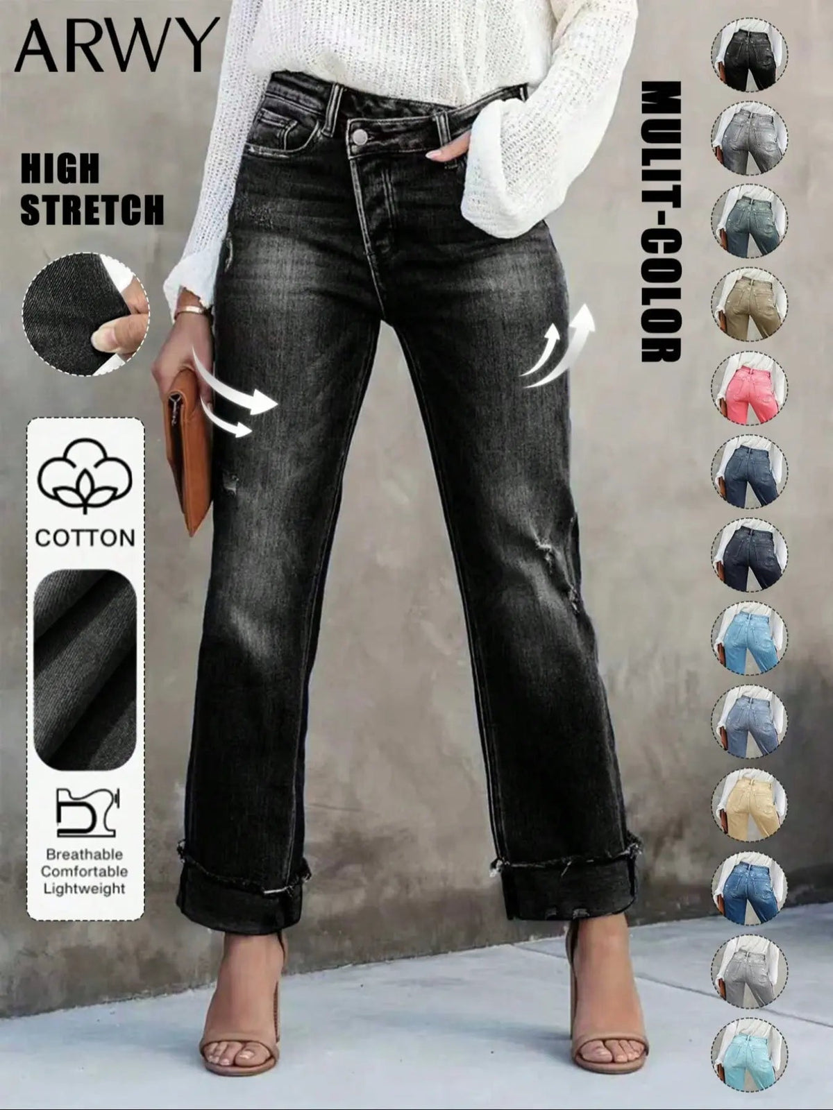 Women's Solid Color Jeans, Casual Comfy Denim Pants for Daily Wear, Ladies Bottoms for All Seasons