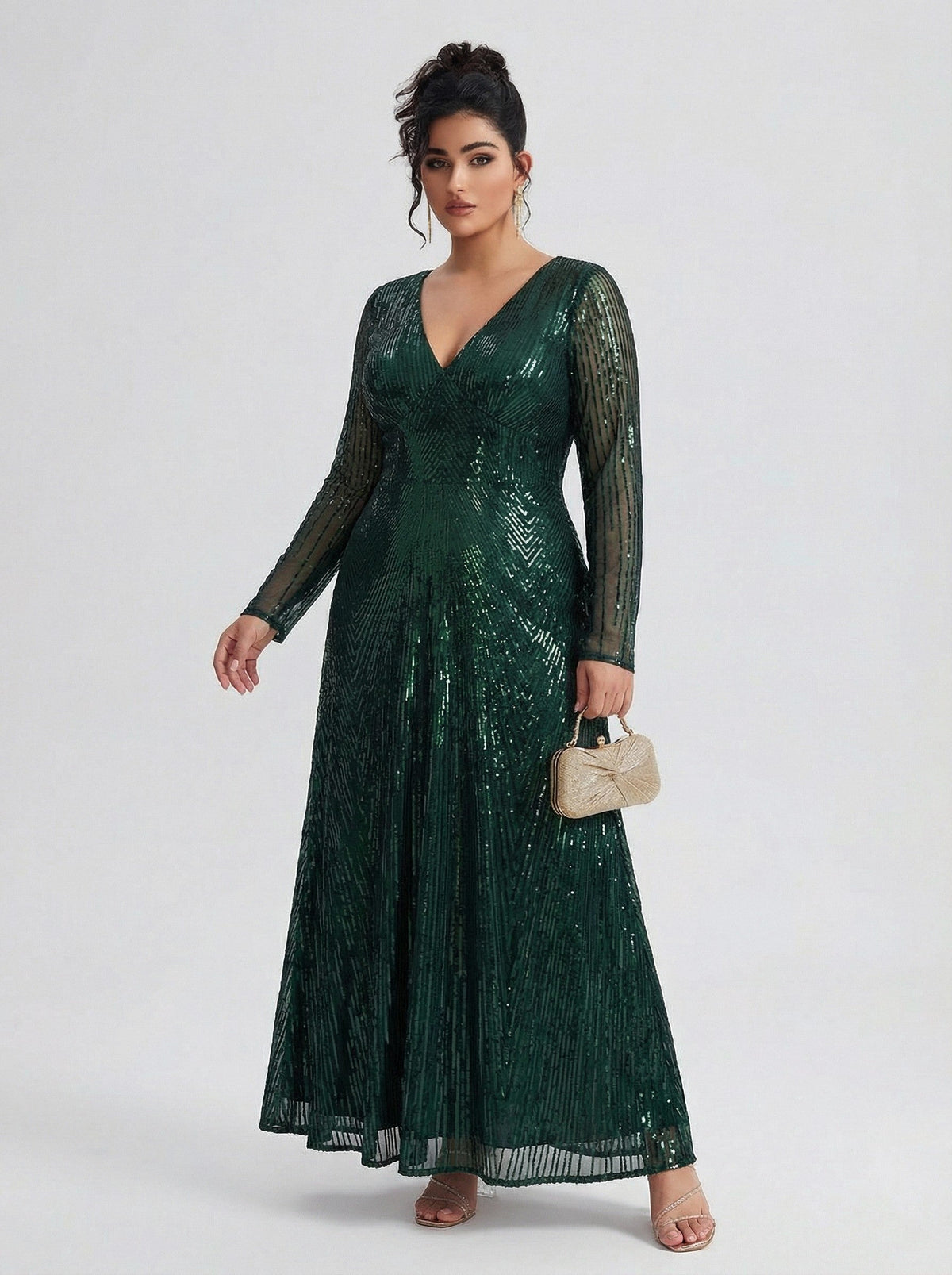 Curveins Plus Size V Neck Long Sleeve Sequin Maxi Dress