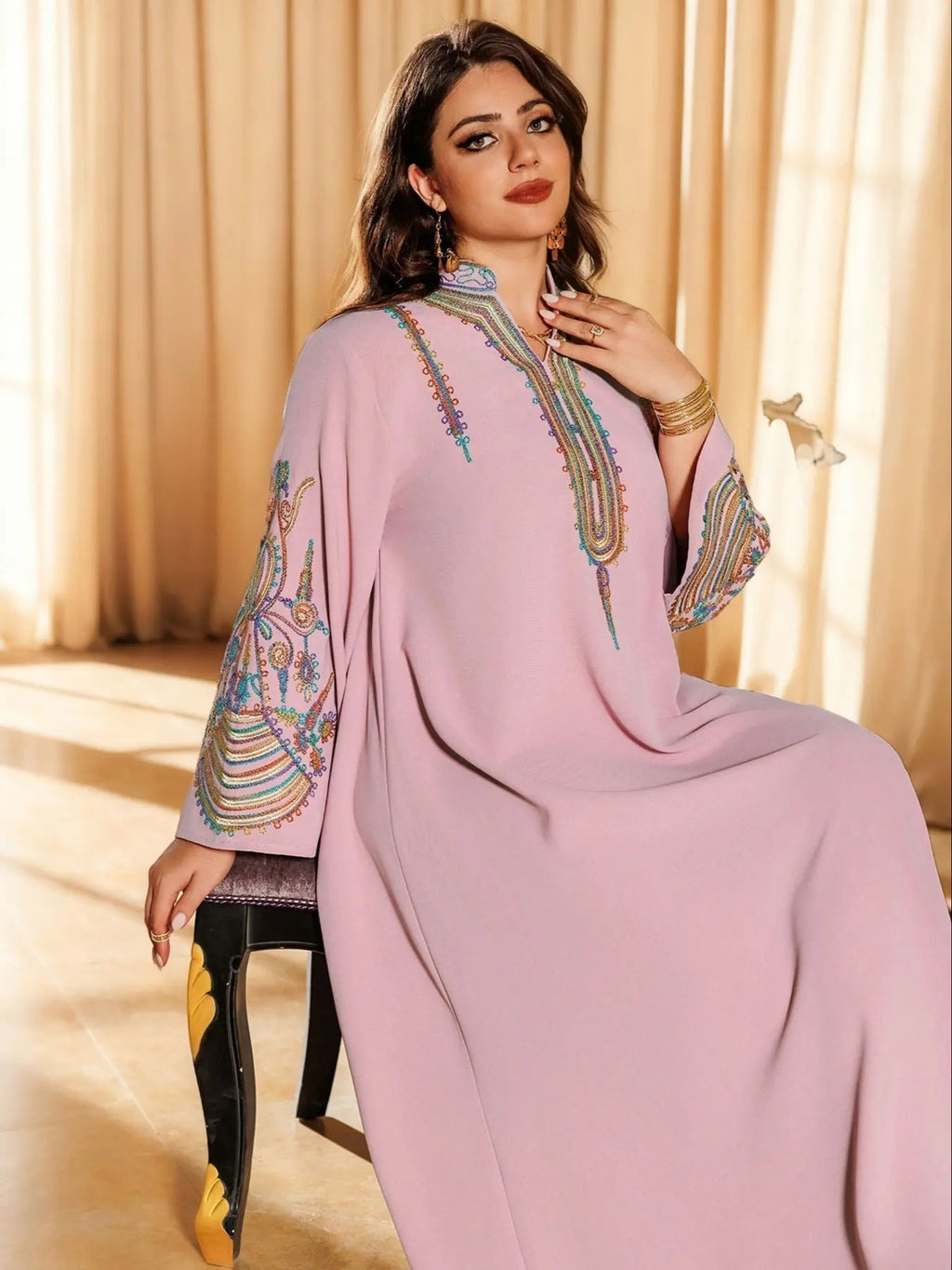 Elegant Muslim Women's Long Robe with Colorful Embroidery, Perfect for All Seasons, Stylish and Comfortable Clothing, Muslim Women Gowns