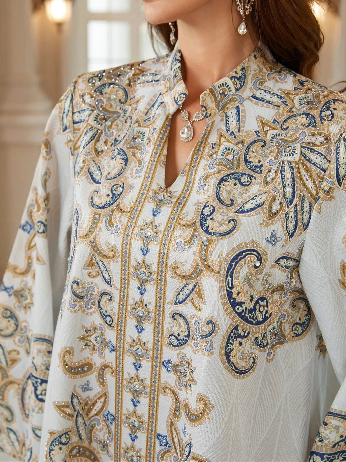 Middle Eastern Women's New Fabric Printed Embellished Dress, Arabic Long Robe Evening Gown Abayas Full Beaded Jalabiya, Abayas For Eid