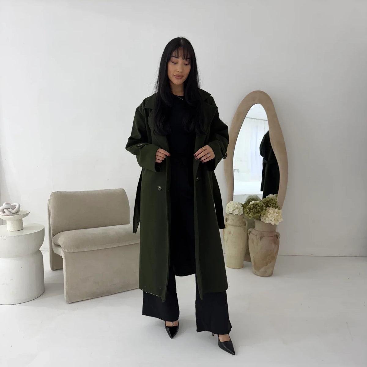 Womens Trench Belted Buttoned Coat