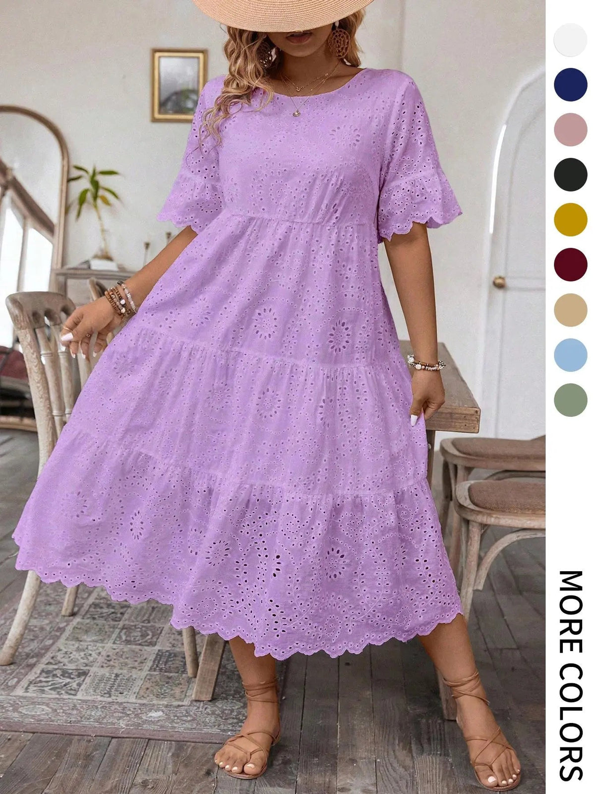 [Plus Size] Solid Eyelet Embroidery Dress, Boho-Style Round-Neck Dress for Vacation and Everyday Wear – Women's Summer Clothing