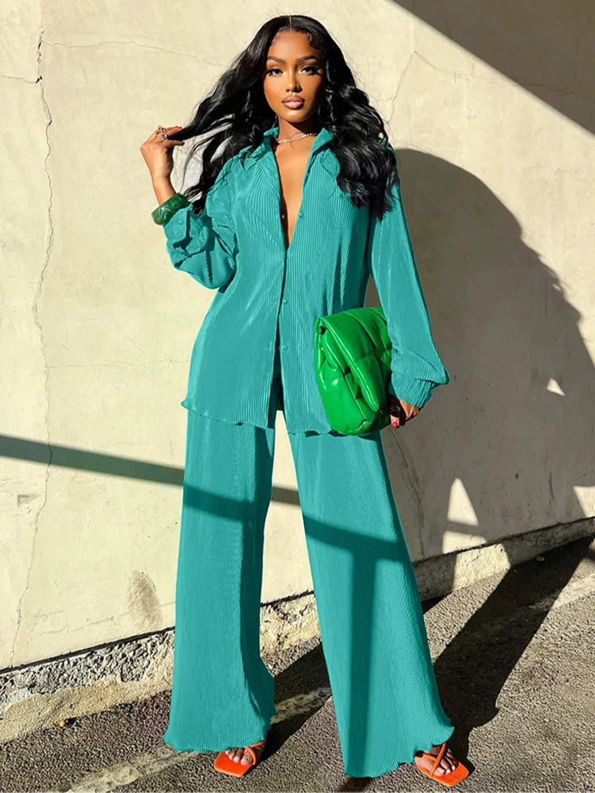 Women's Solid Button Front Shirt & Elastic Waist Pants Two-piece Set