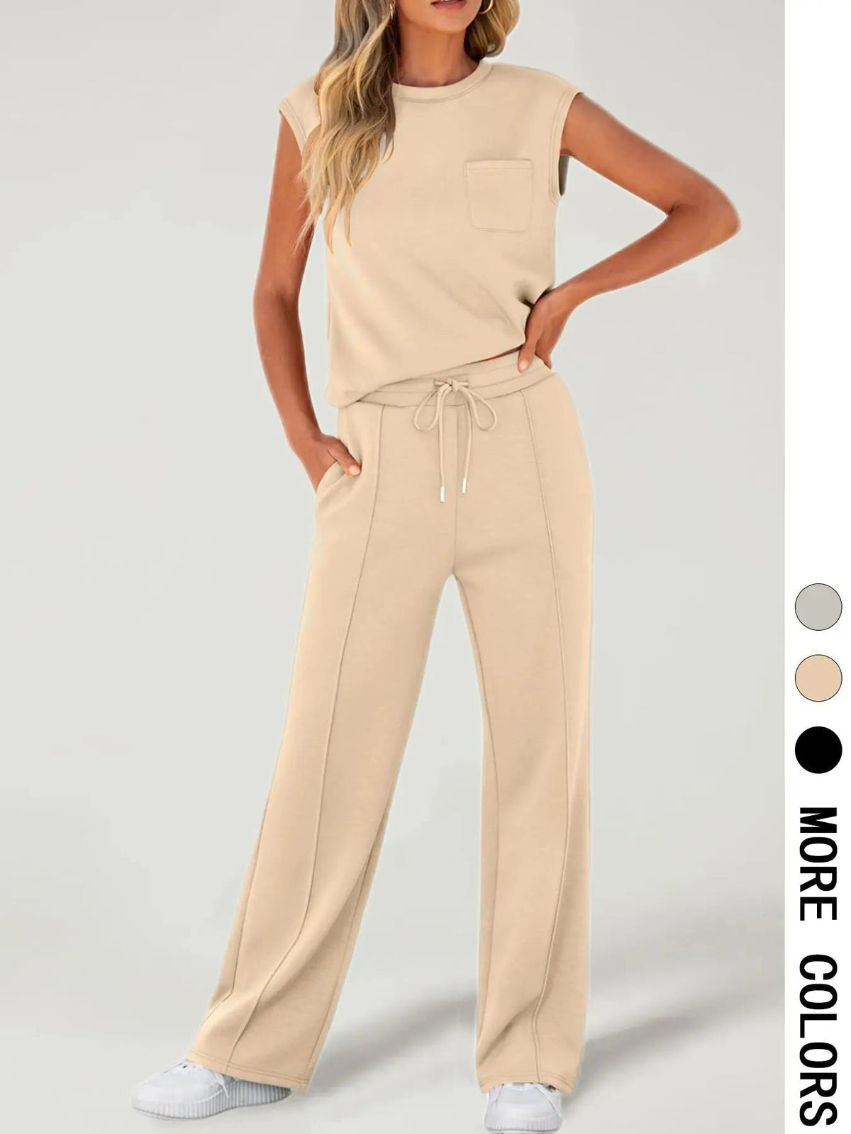 Women's Solid Tank Top & Drawstring Waist Pants Two-piece Set, Casual Sleeveless Round Neck Top & Trousers for Daily Wear, Ladies Two-piece Outfits for All Seasons
