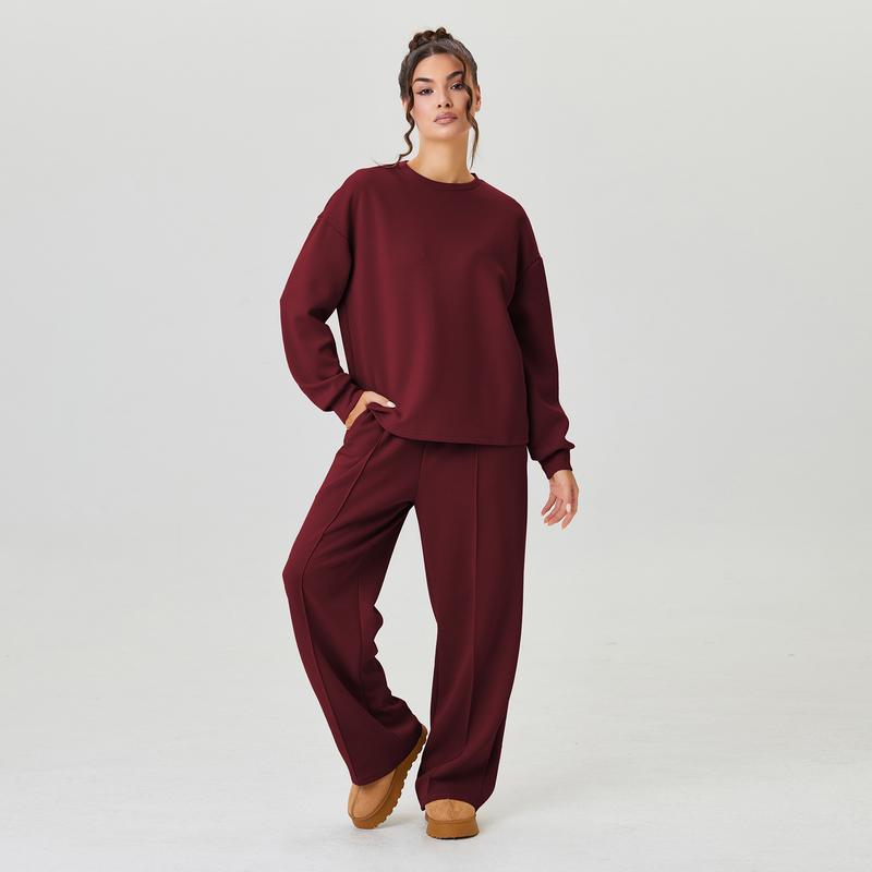 Women's Casual Solid Color Loose Long Sleeve Top & Exposed Stitches Trousers Co-ord