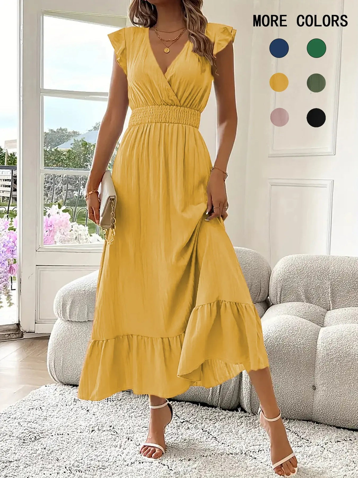 Women's Plain Shirred V Neck Fitted Dress, Elegant Chic Fashion Casual Long Dress for Daily Outdoor Wear, Women's Dress for Summer