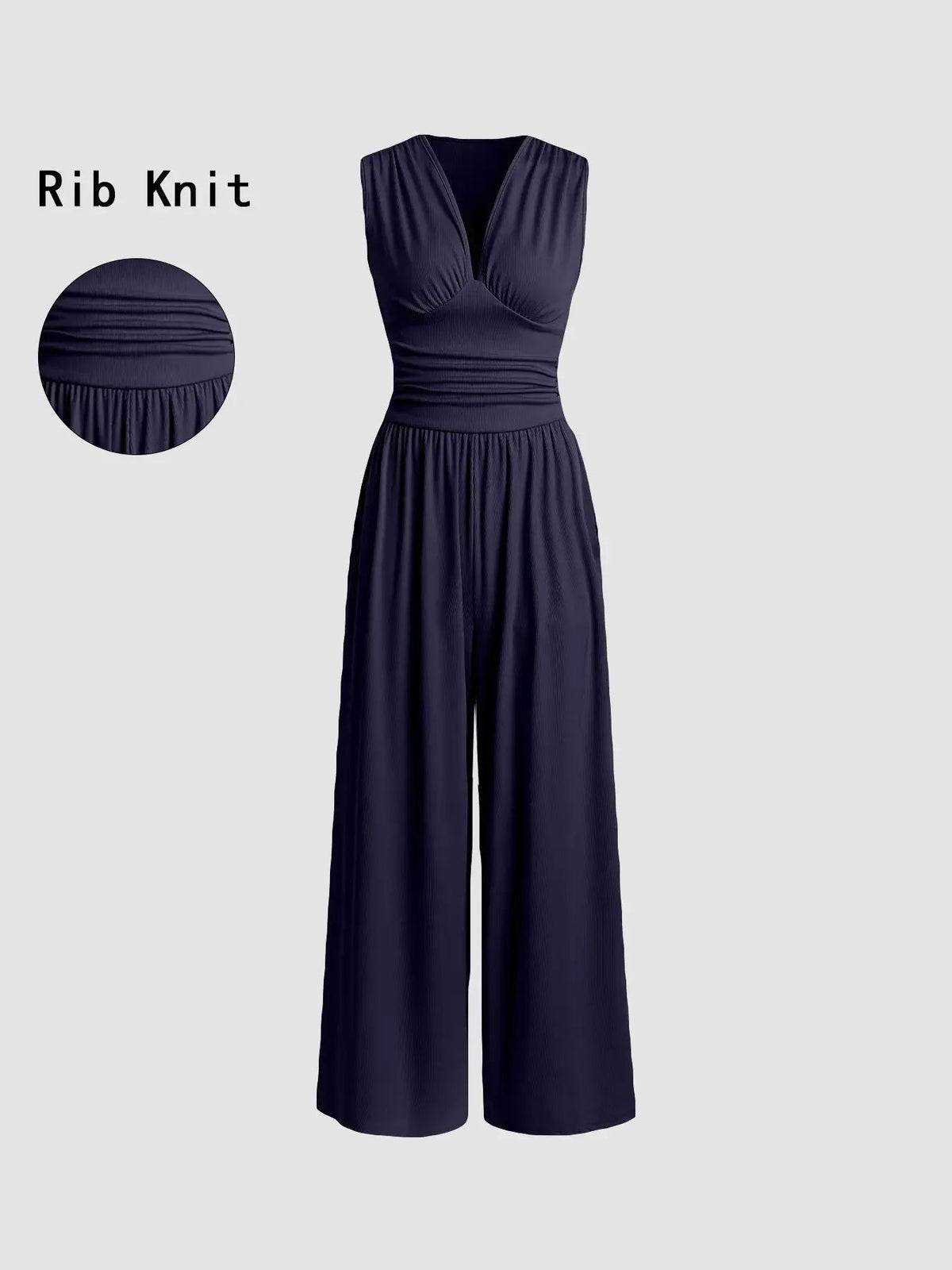 Women's Plain Ruched Deep V Neck Wide Leg Jumpsuit, Sleeveless Ribbed Jumpsuit for Daily Wear, Ladies Clothes for All Seasons, Casual Basic Jumpsuit, Casual Jumpsuits