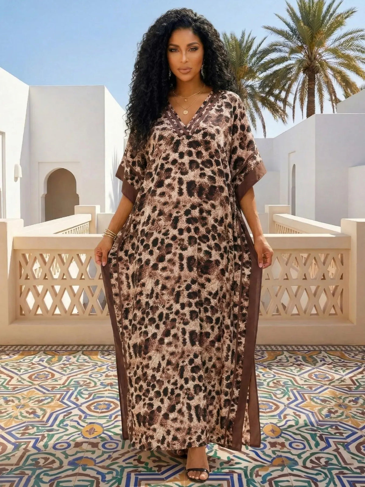 Women's Leopard Print Kaftan Robe – Loose-Fitting Beach Print Dress
